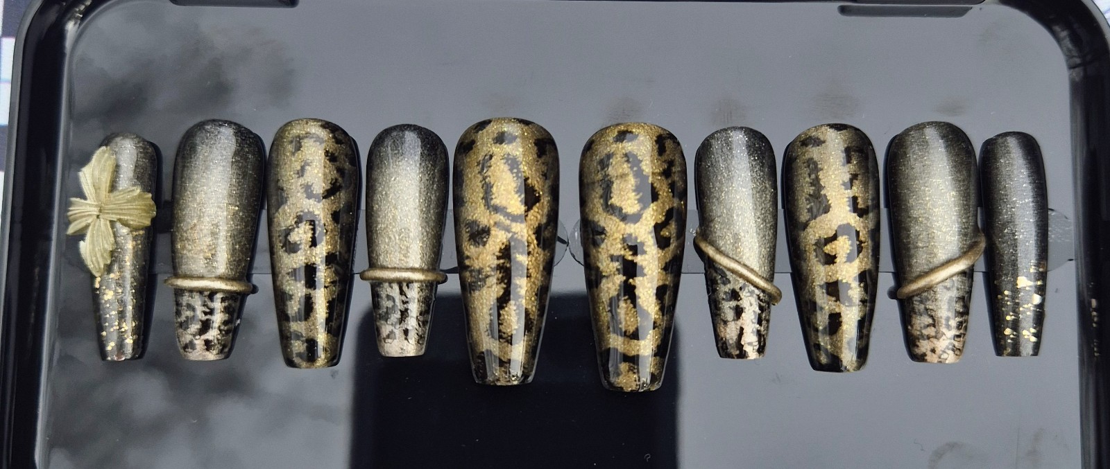 Gold Black Glitter Leopard Coffin Press-On Nails Pre-Designed Full Cover