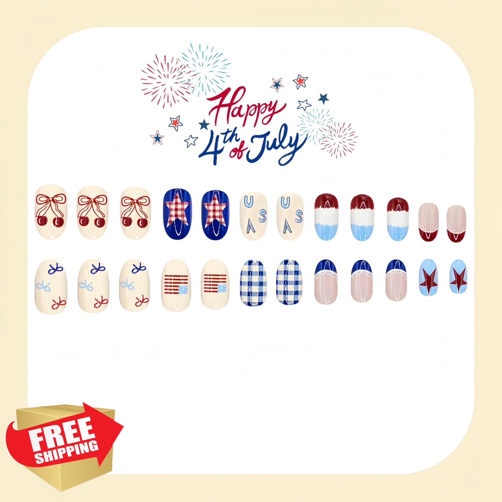 CnSybaris 24Pcs Medium Oval Independence Day Nails