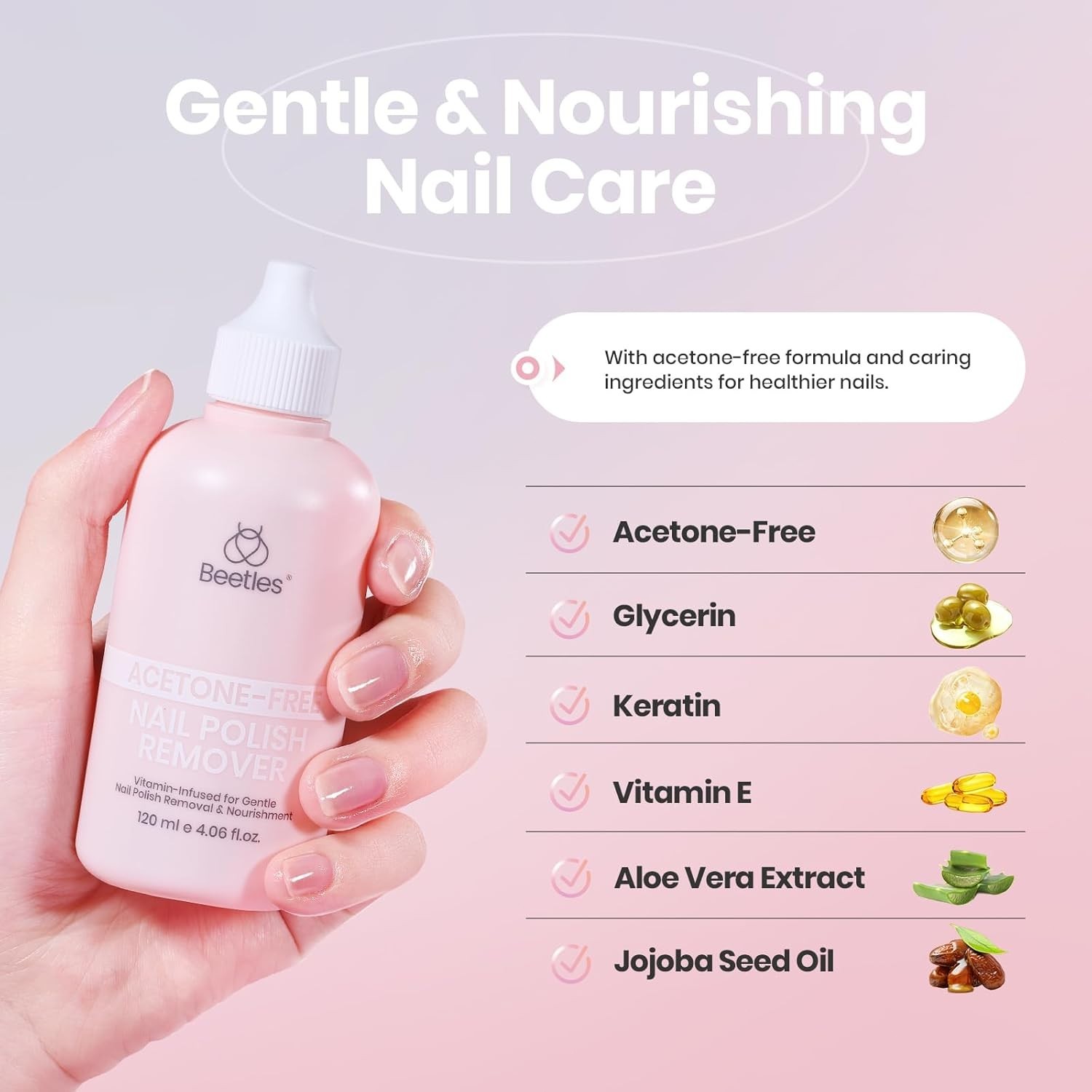 Beetles Non-Acetone Nail Polish Remover Aloe Vera Keratin Natural 4oz 120ml