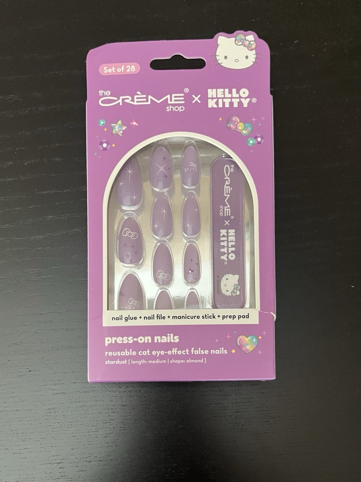 The Crème Shop Hello Kitty Cat Eye Purple Almond Press On Nails 28 Ct NIB NEW!!!