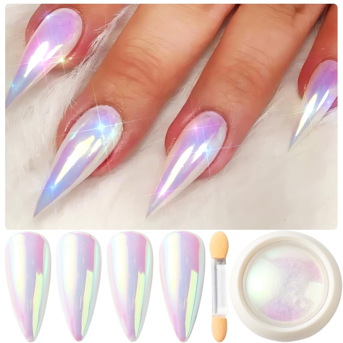 Holographic Unicorn Chrome Nail Powder, Aurora Rainbow Neon Nail Pigment Merm…