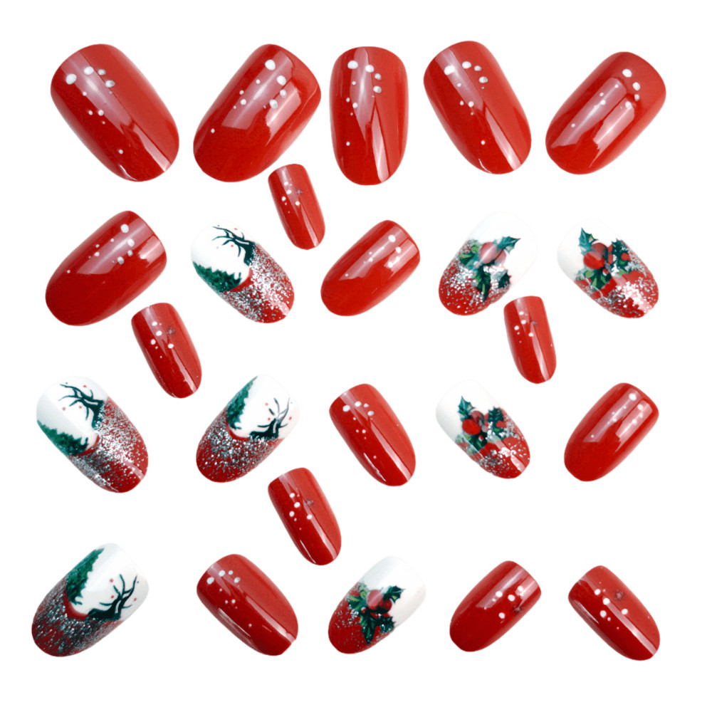 48Pcs Red Xmas Press on Nails Reindeer Holly Glitter Glossy Shiny Fake Nails