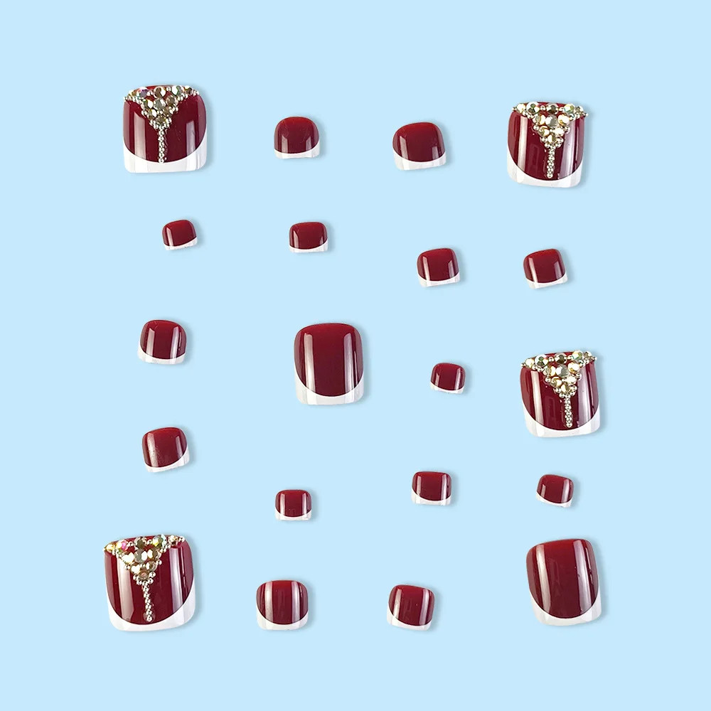 24pcs Retro Red French False Toenails Gold Crystal Square Full Cover