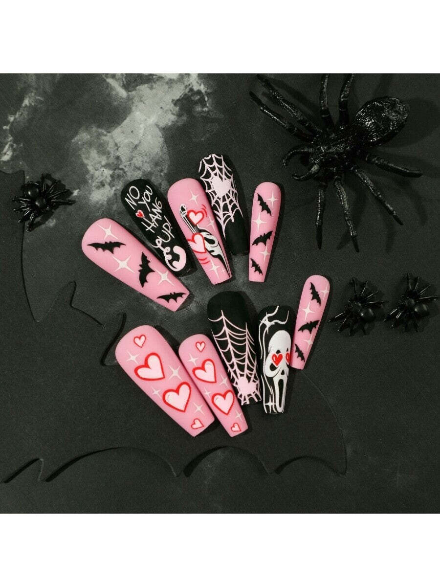 24pcs/set Halloween False Nails Heart, Spiderweb, Bat, Ghost Fake Nails for
