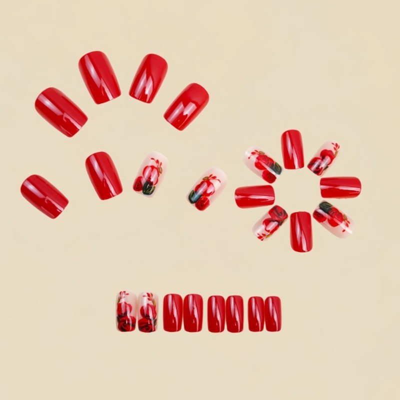 48 Pieces of Red and White 3D Floral Square Nail Art for Mid To Long Holidays