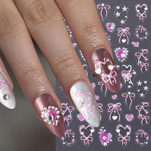 2 Sheets Pink Valentines Day Nail Stickers 3D Self Adhesive Heart Nail Art