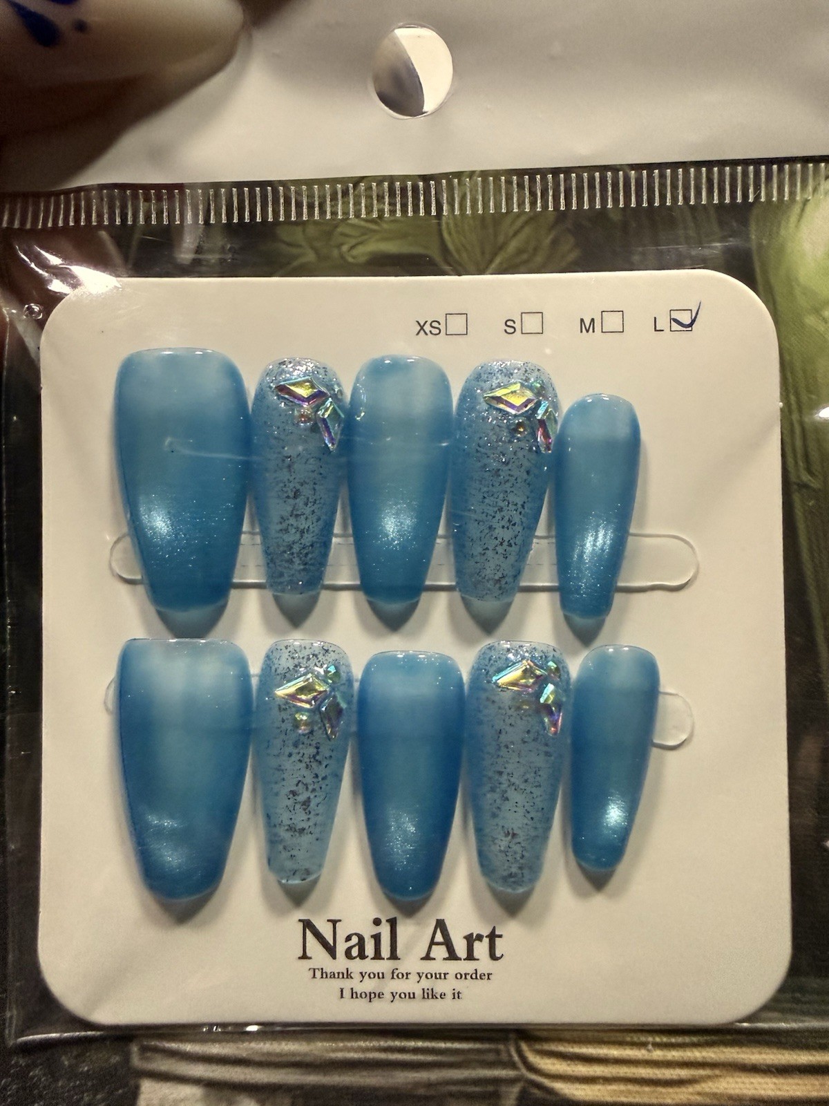 Long Coffin Blue Cat Eye & Glitter Press On Nails With Rhinestones Size Lg Nails