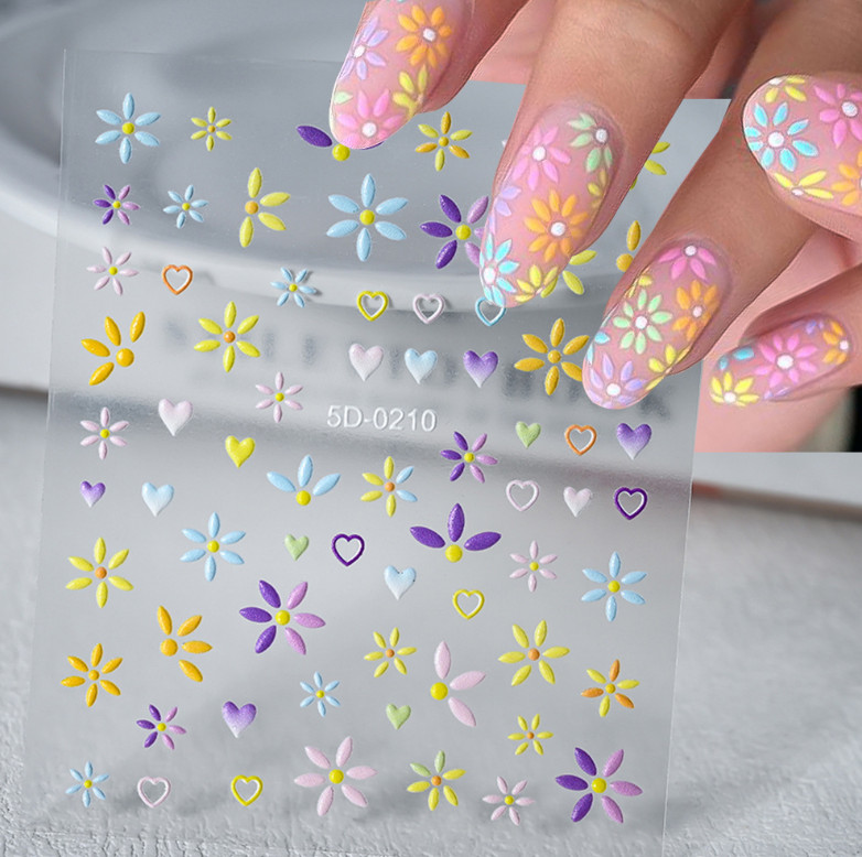 5D Embossed Nail Stickers Daisy Heart Flower Bow Engraved Adhesive Peel NH27