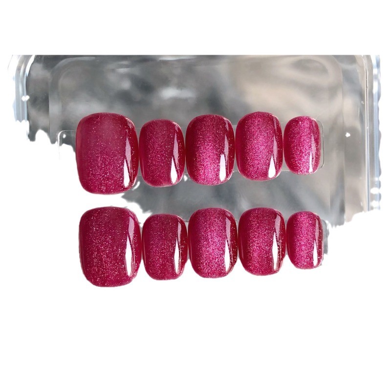 10Pcs-Short Round Vibrant Magenta Cat Eye Glossy Press on Nails