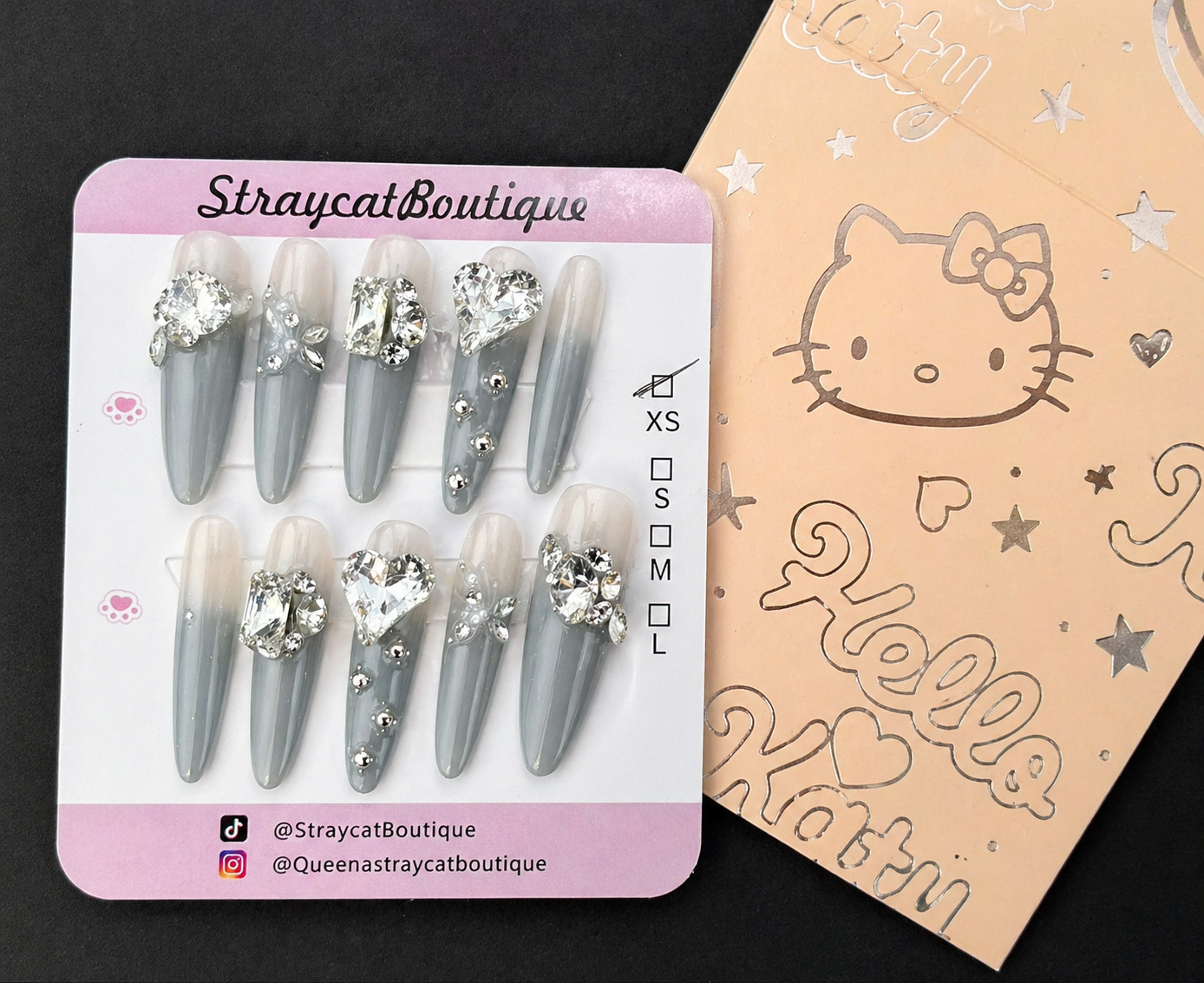 Straycat Boutique Press On Nails Gray Ombre Rhinestone Long Stiletto Nails XS