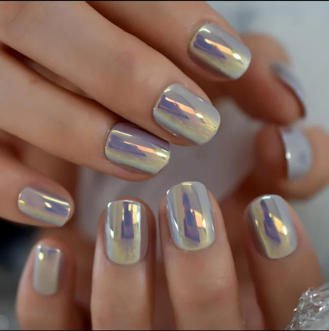 24 Short Chrome Press on nails kit w glue pale gray oil slick pink