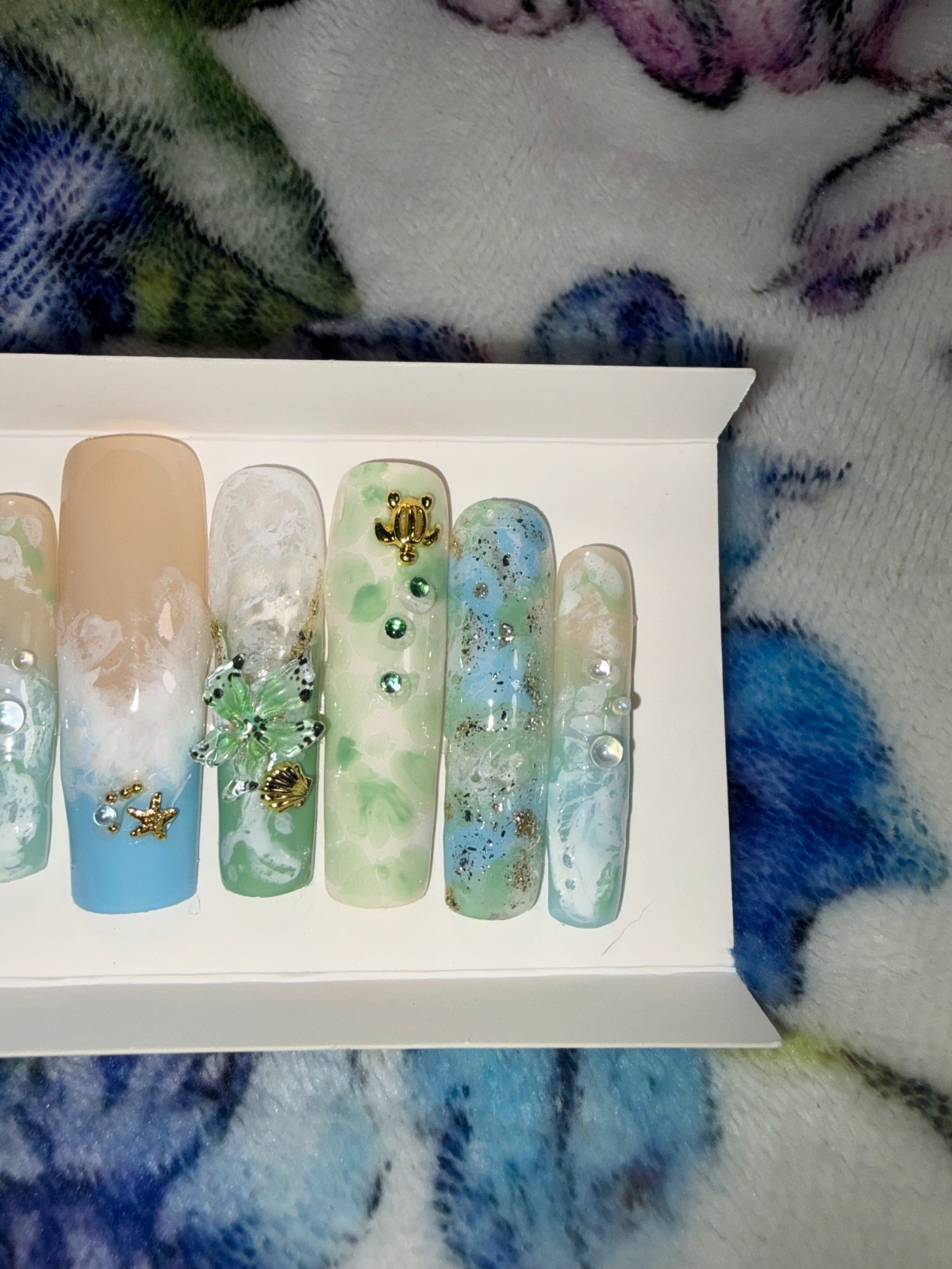 hand painted press on nails Ocean sea turtle theme