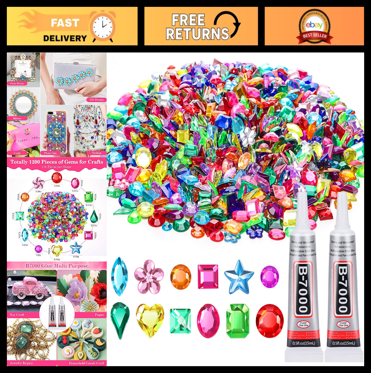 1200Pcs Craft Gems & 2 B7000 Jewelry Glue – Flat Back Sequins, Rhinestones, Gems