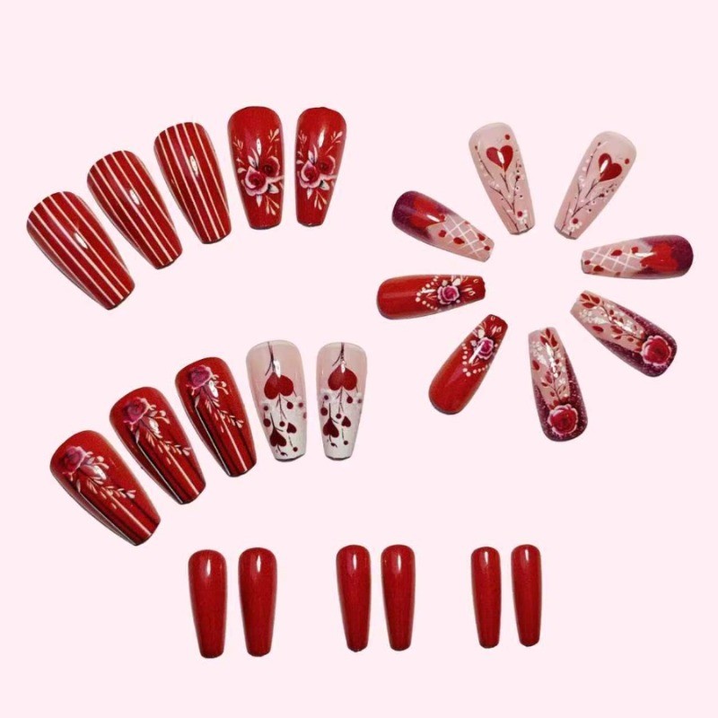 48PCS long red and white heart-shaped rose reusable red fake nail art