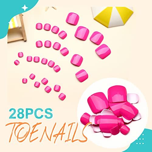 Fake Toenails Glossy Press on Toe Nails Short Square Shaped Toenail Hot Pink