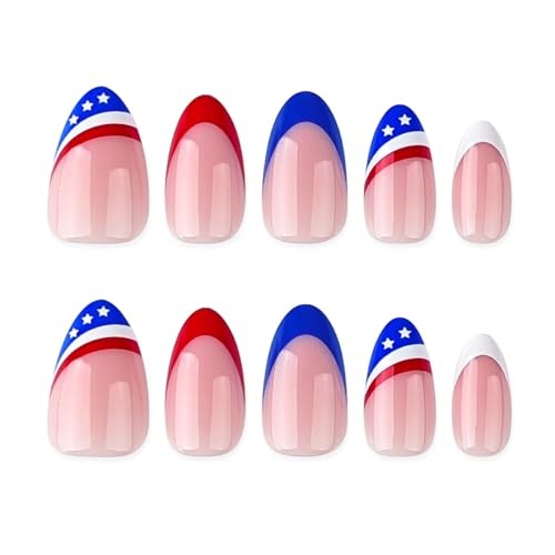 4th of July Press On Nails Blue Red Almond 24Pcs