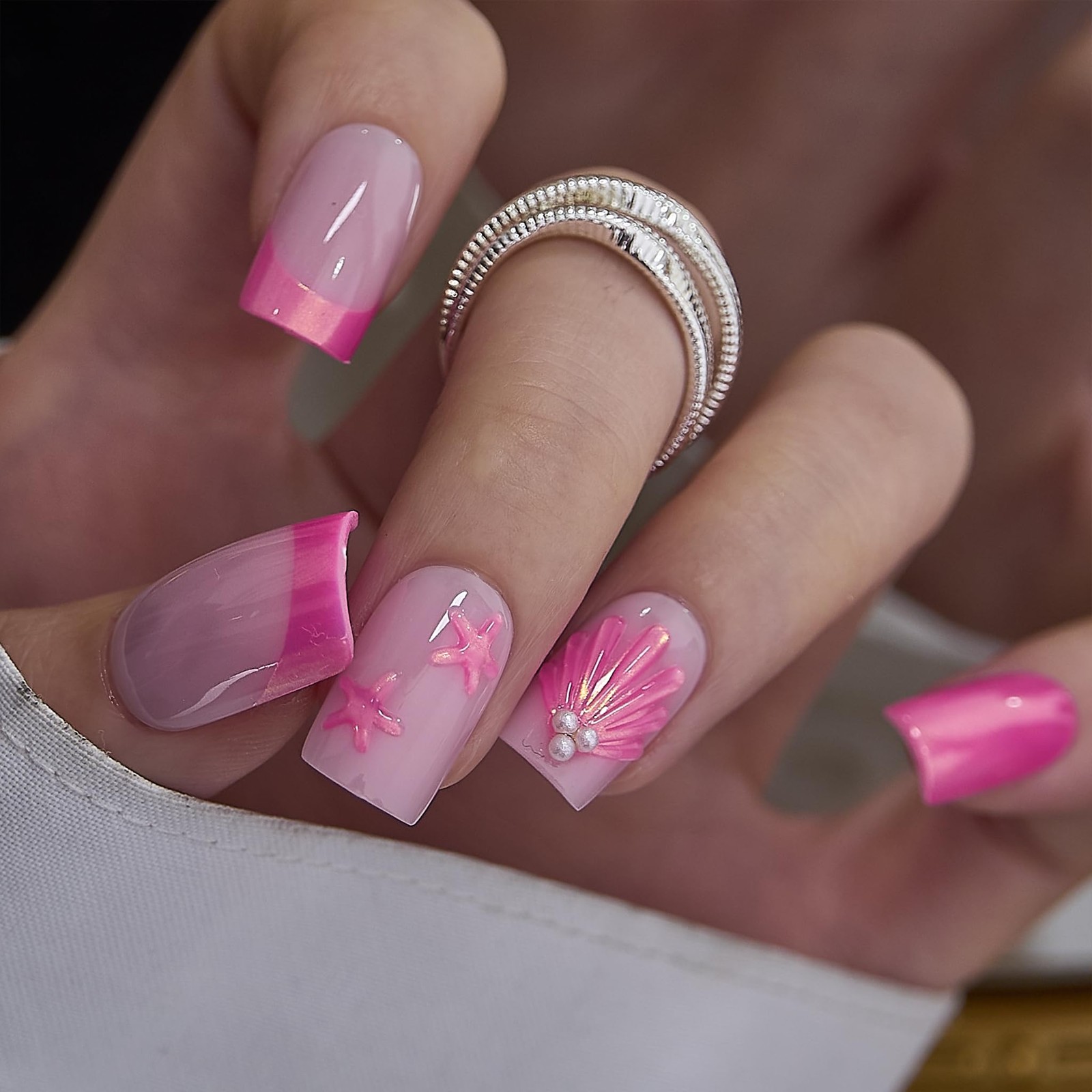 CurvLife Medium Squoval 3D Press On Nails, Coral Tide Pink, Soft Gel | 32PCS,…