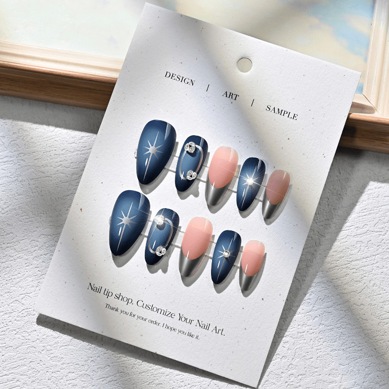 48pcs Almond Press on Nails, Blue Silver Ombre Star Rhinestone Elegant Nails