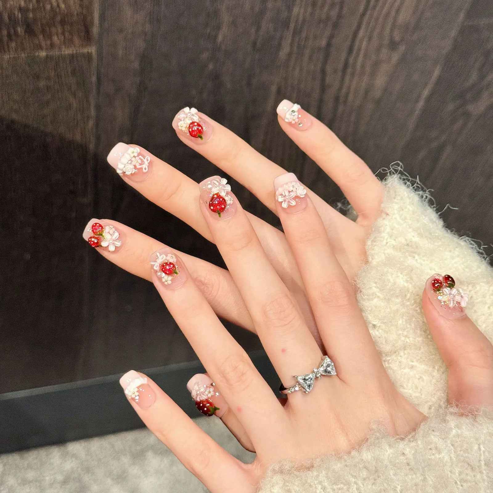 10pcs Cute Nails Pink Bowknots Flower Pearl Decor French Handmade Fake Nail