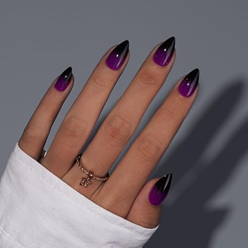 Purple Black Press On Short Almond, Dark Ombre Fake Nails With ombre purple