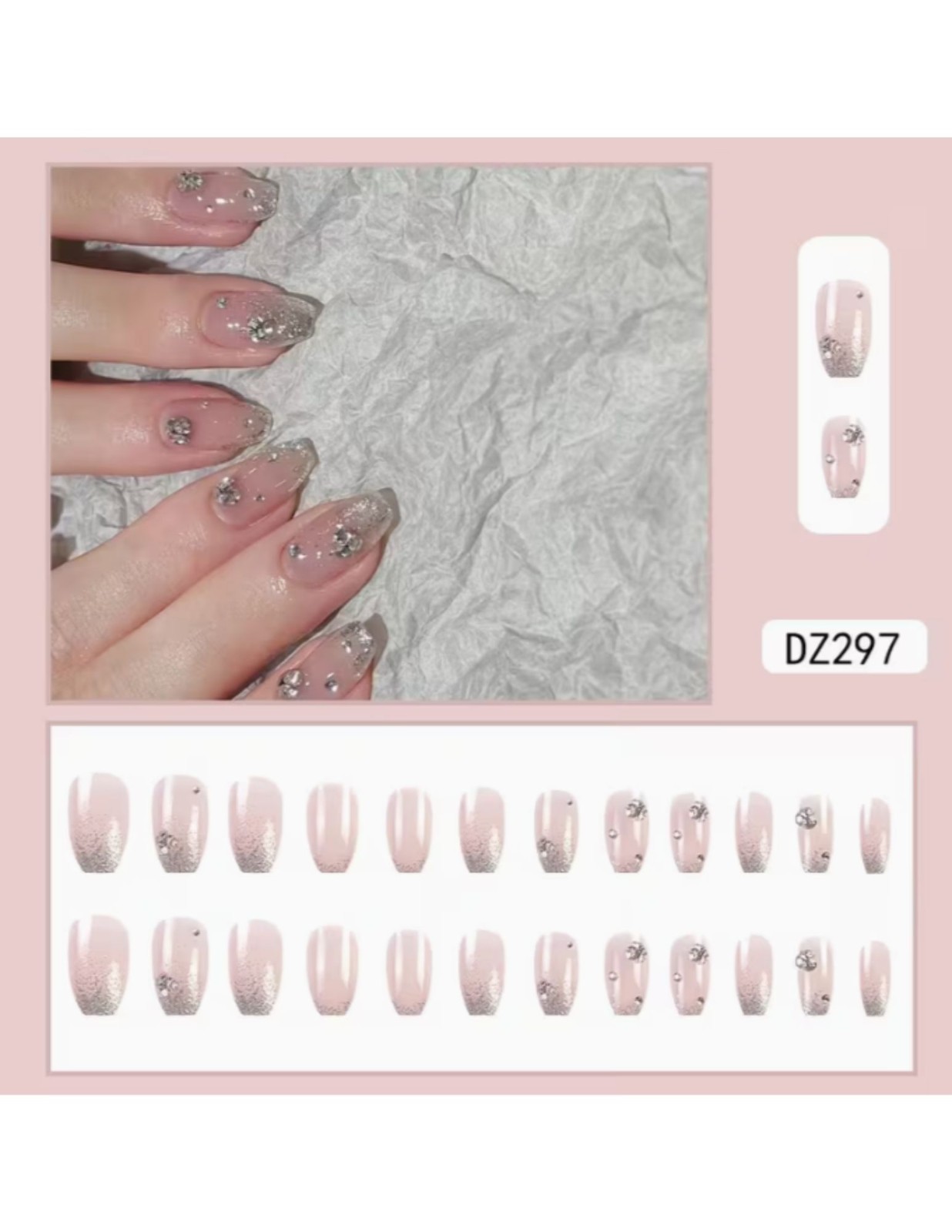 24pcs Glossy Short Coffin Press-On Nails – Pink French Style with Rhinestones