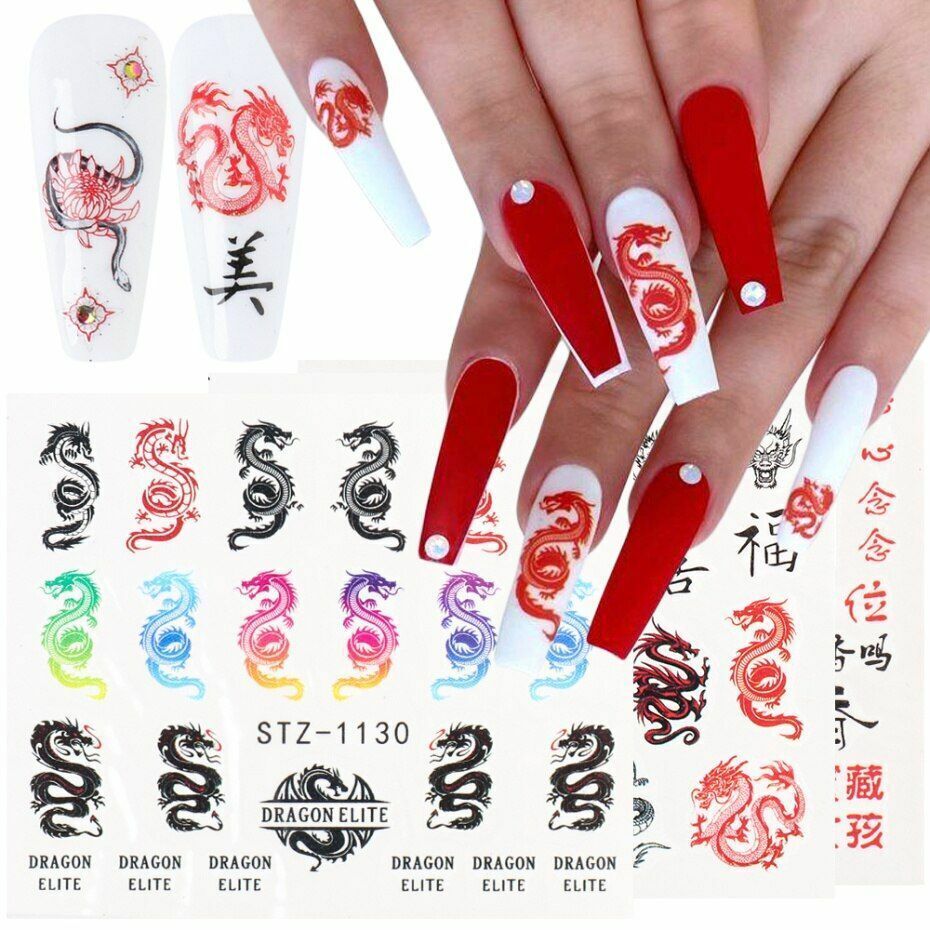 Nail Art Water Decals Transfers Dragon Mona Goth Gothic Zodiac Snakes Rose NS41