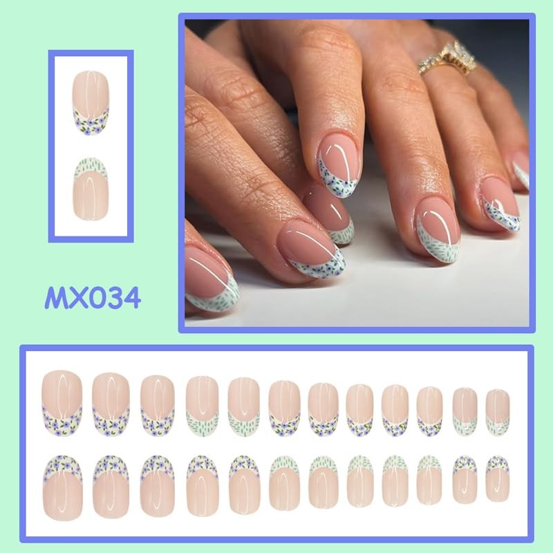 Flower French Tip Press on Nails Short Oval Fake Nails Fall False Nails Gloss…