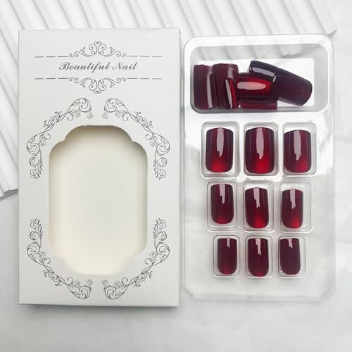 Wine Red Press on Nails Short Square Acrylic Nails Ombre Glitter Fake Style4