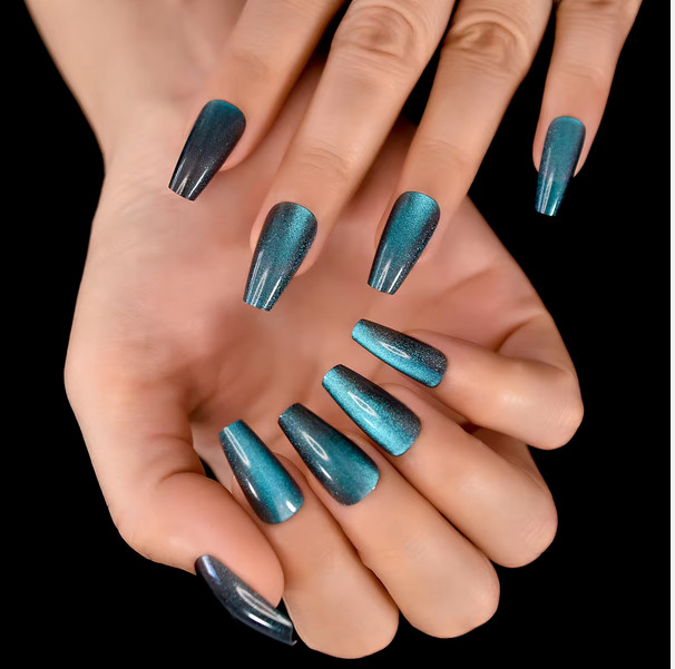 Aurora Blue Cats Eye Medium Coffin Press on Nails