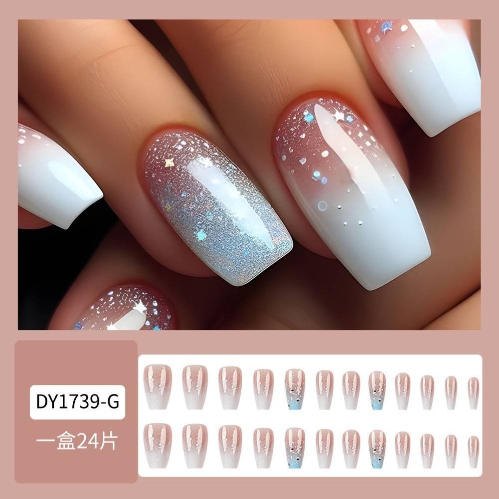 White Blue Ombre Glitter Press On Nails Short Ballet Shape ABS Nail Tips