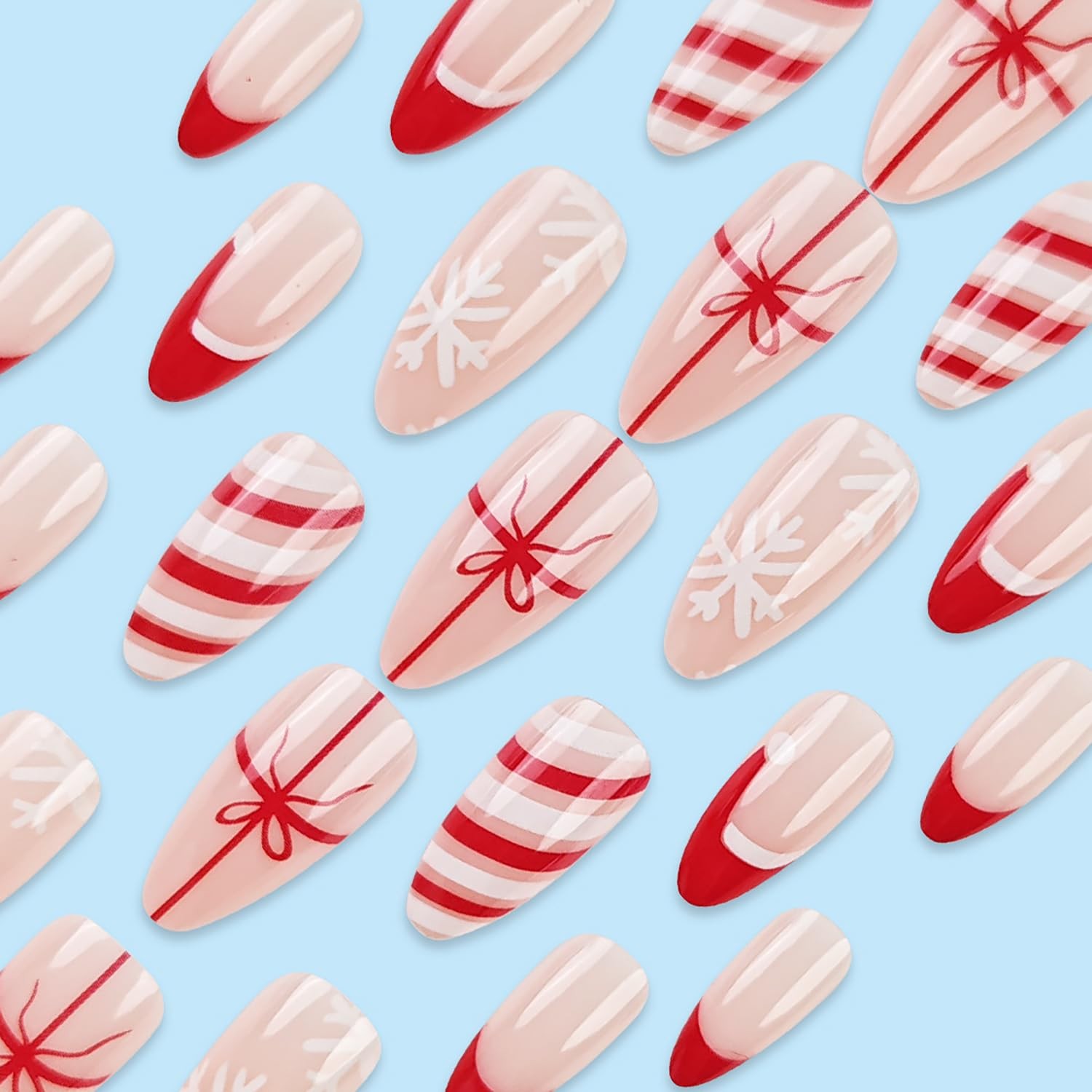 24 Pcs Christmas Press on Nails Almond Medium Fake French Tip Style 6