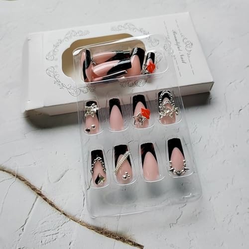 24 Pcs Press on Nails Medium Pink Nail Tips Medium Square 3D Alloy Nail Charms