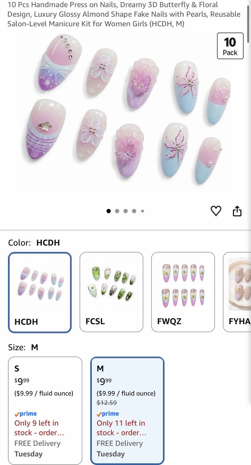YWCYSP Acrylic Press-On Nails 3D Butterfly Flower Pink/Purple/Blue/White HCDH
