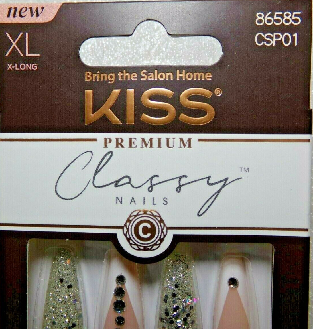 KISS Classy NAILS GLUE ON Shiny Bling French EXTRA LONG LENGTH