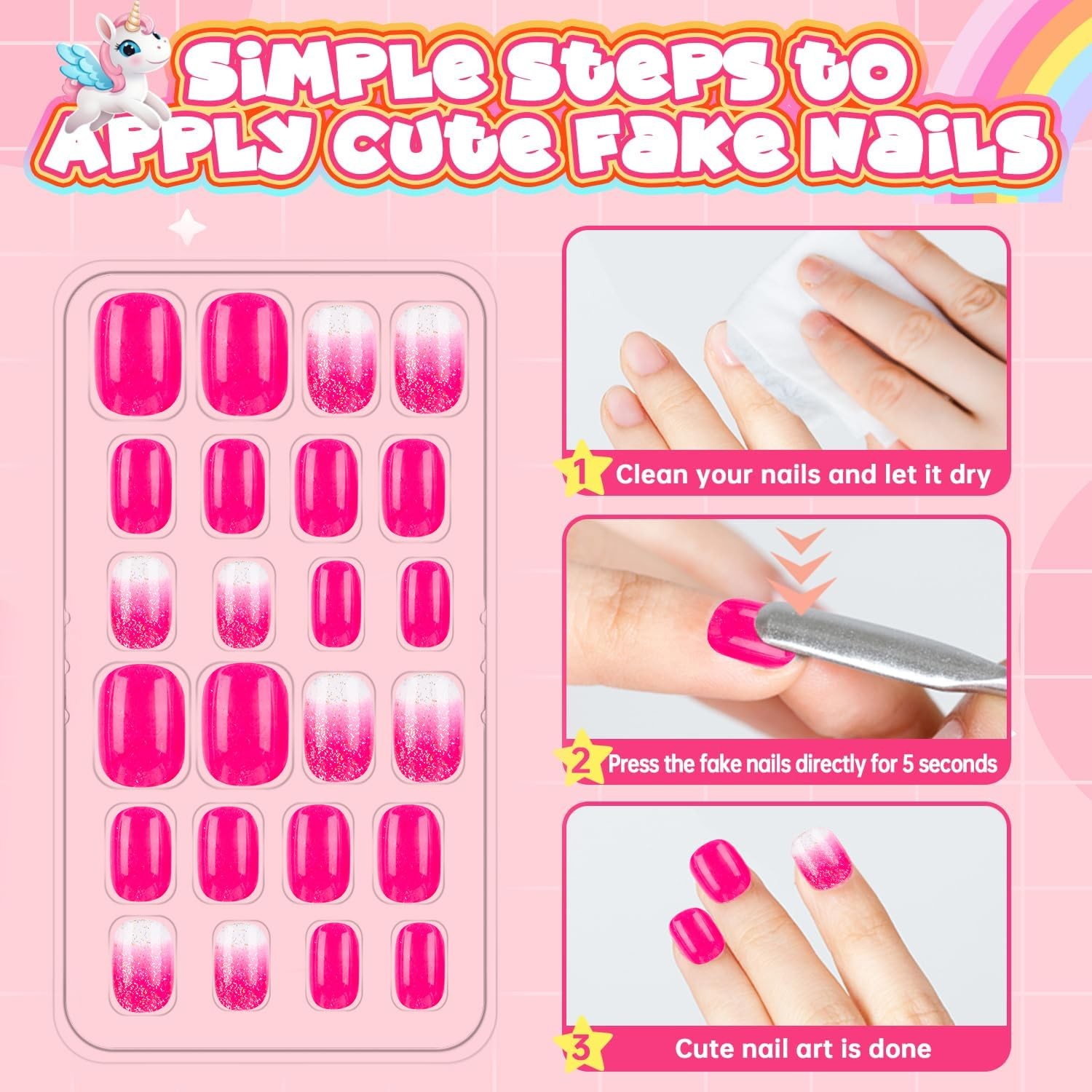 144 Pieces 6 Pack Kids Press on Nails Artificial Fake Nails for Kids Girls Pr.