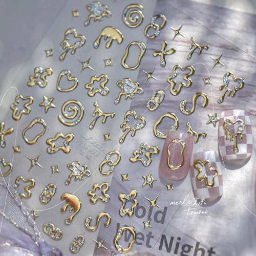 3D Nail Stickers for Nail Art, Embossed Self-Adhesive Cute Nail Irregular Gold