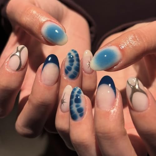 Almond Short Spring Blue Smudge Nails – Style A25 – Press on Nails