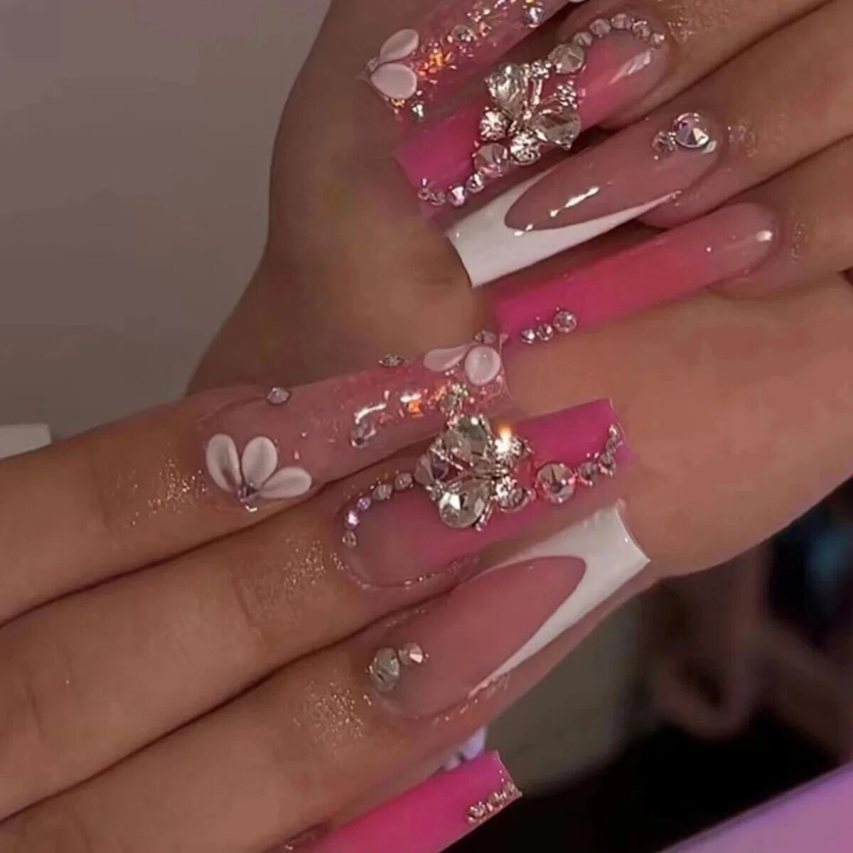 24Pcs Extra Long Square Fake Nail with Glue 3D Little Bear Bow Design False Nail