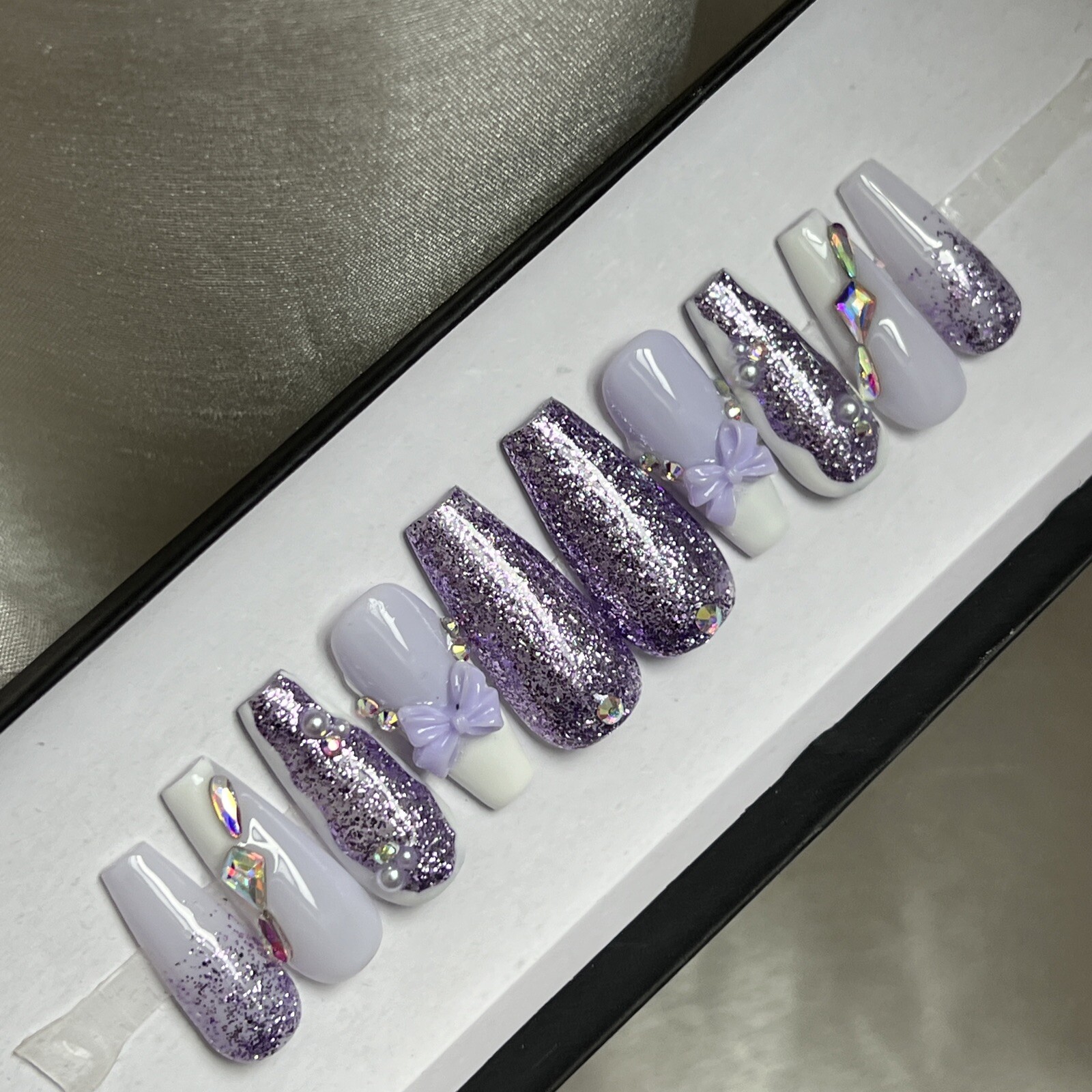 🤍 CUSTOM Hard Gel Press On Nails, Purple BLING 10p Set MED COFFIN NEW Kit