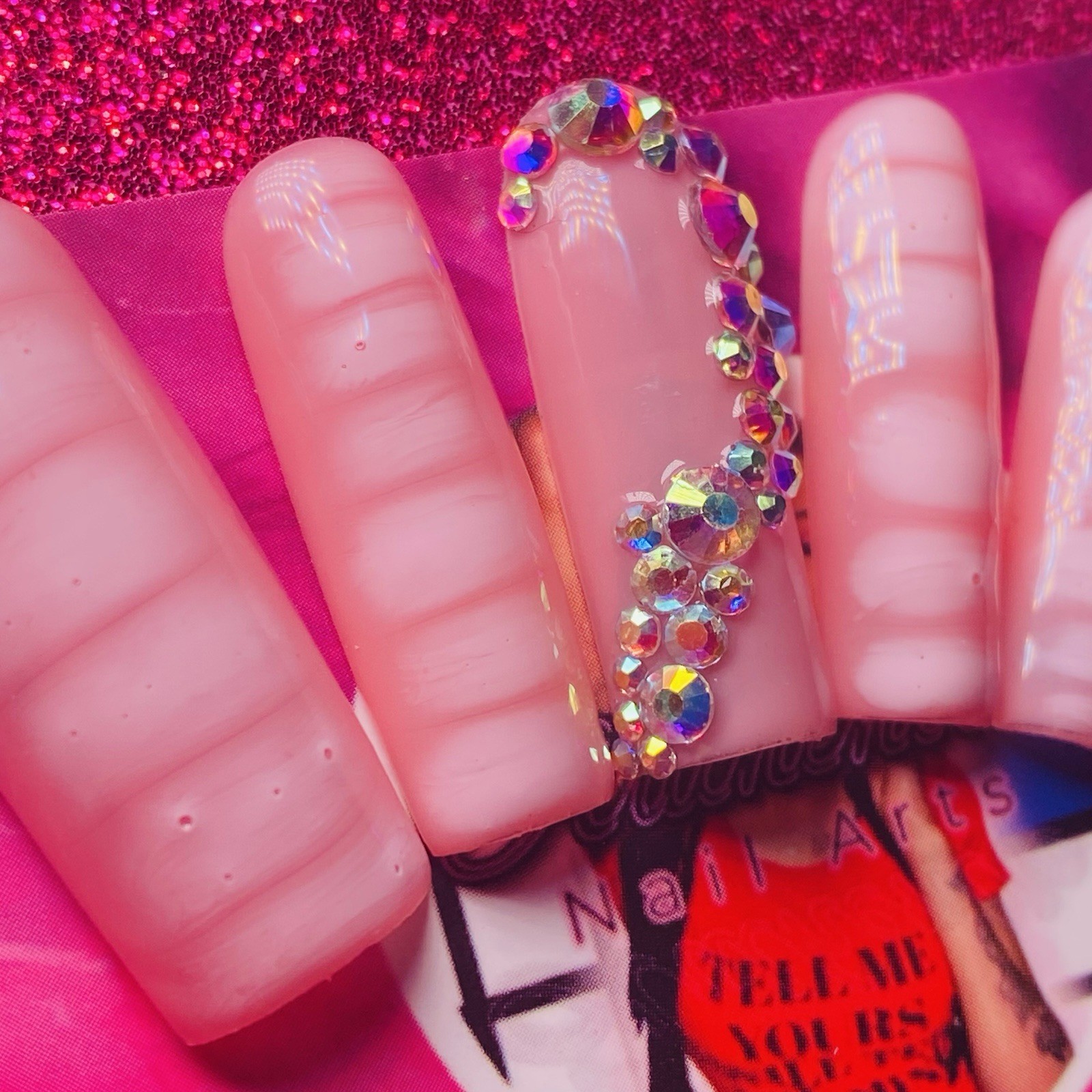 Square Press-On Nails Pink Shiny 3D Sparkle by Authentic Nail Arts by Dia