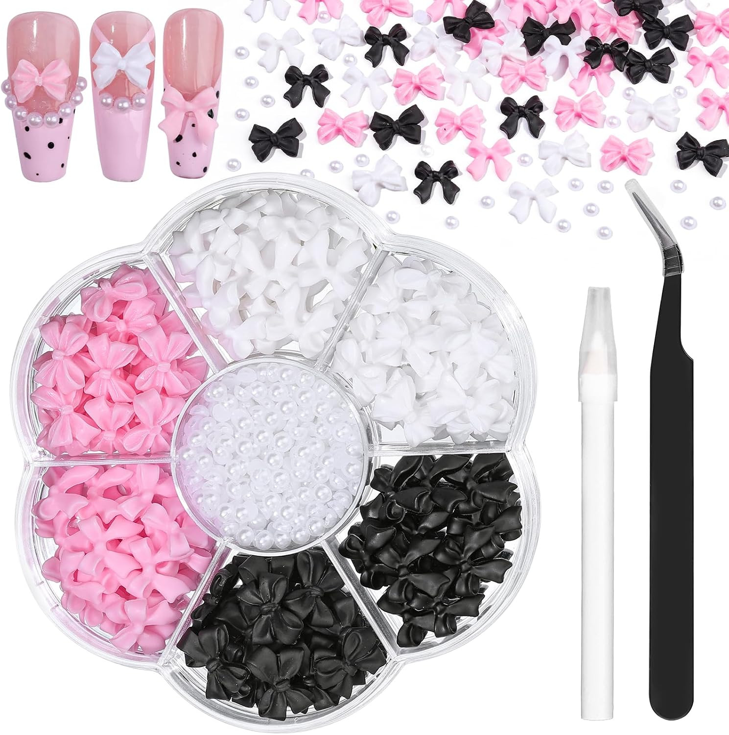 Charms Kit for Nails, 400Pcs Bow and Flatback Pearls Set, 3D Acrylic Rhinestones