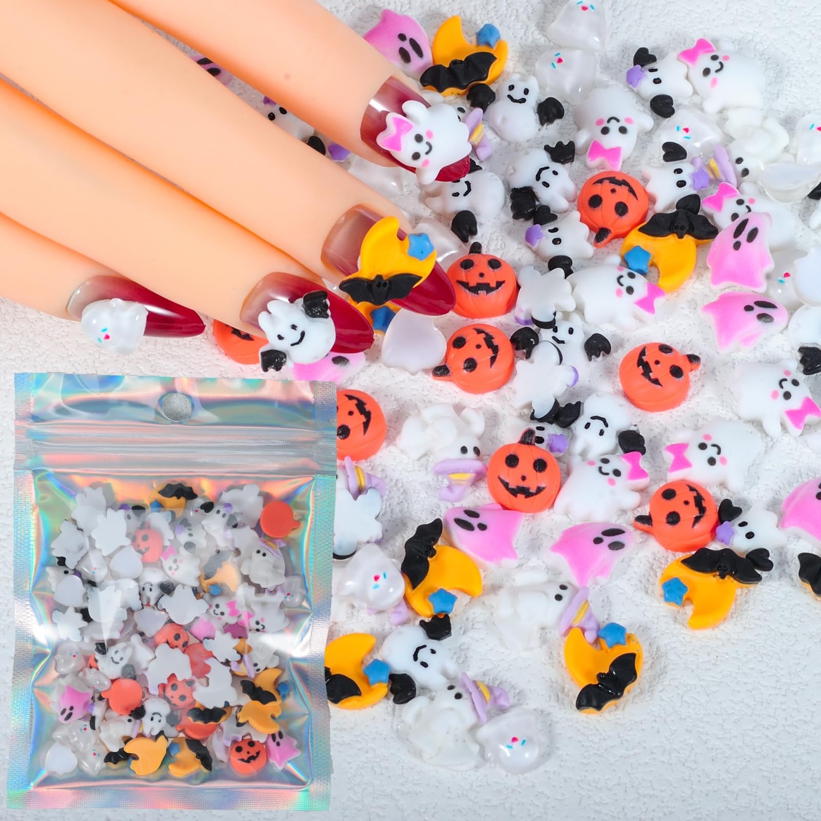 90Pcs Halloween Resin Charms for Nails, 3D Pumpkin Ghost Bat Cute Nail Charms…