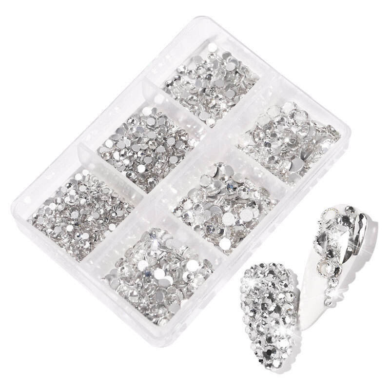 No Hotfix Nail Art Rhinestones 6 Grids SS4-SS16 Flat Back Crystal With tools
