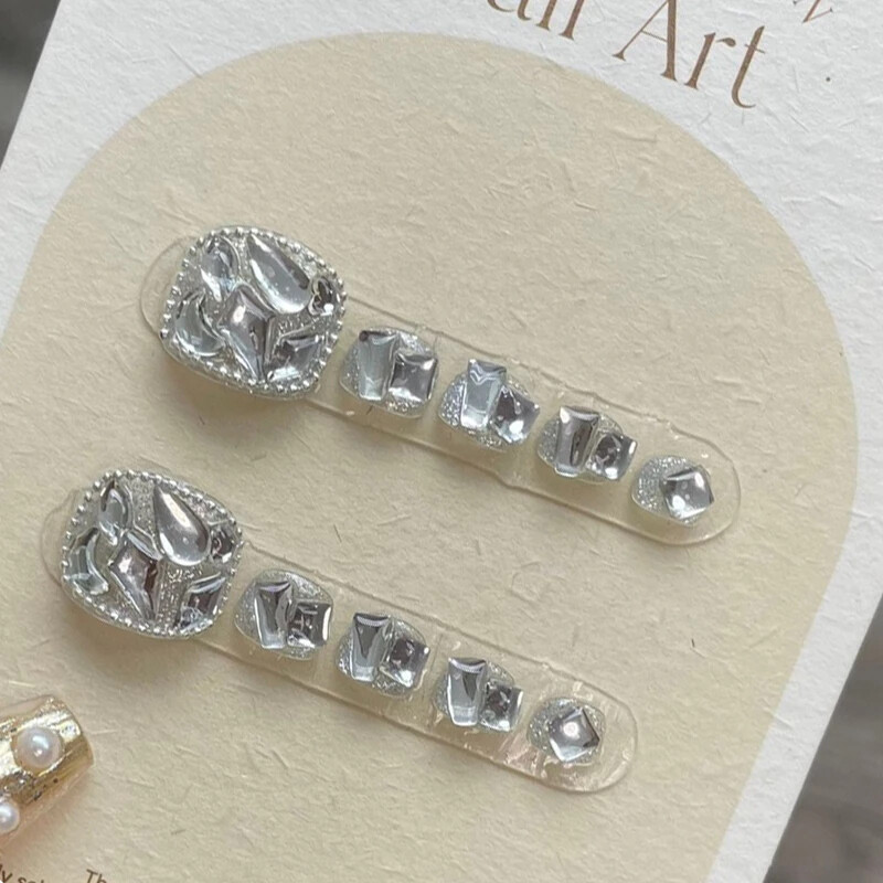 Handmade Toenail Silver Chain Full Diamond Press On Toe Nail Wearable False Nail