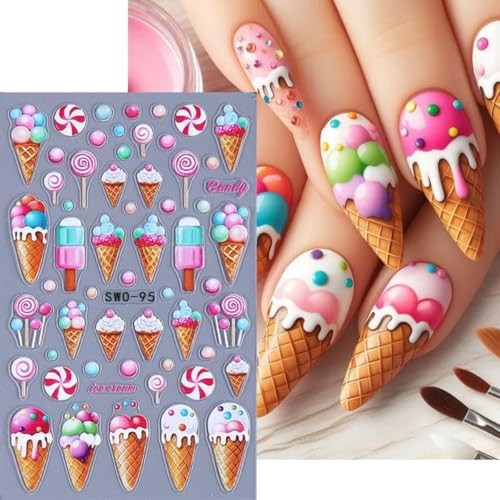 Summer Nail Art Stickers 5D Embossed Ice Cream Cone Nail Stickers 3D Color-02