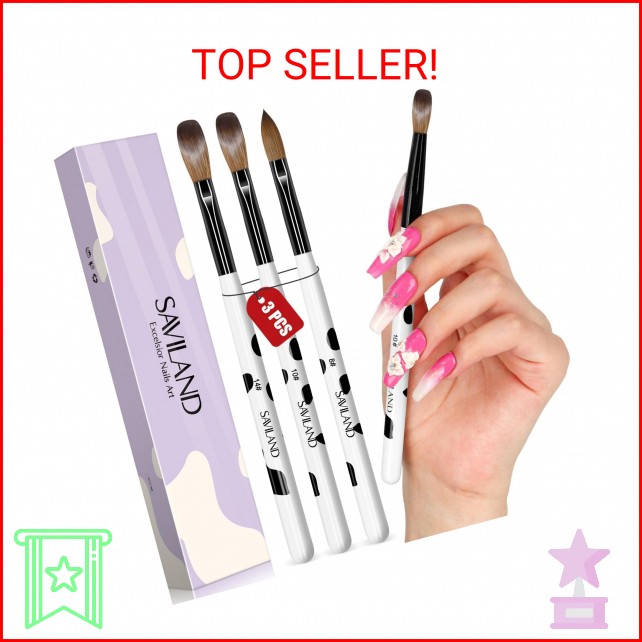 Saviland 3pcs Acrylic Nail Brush Set, Size 8/10/14 Kolinsky Acrylic Nail Brushes
