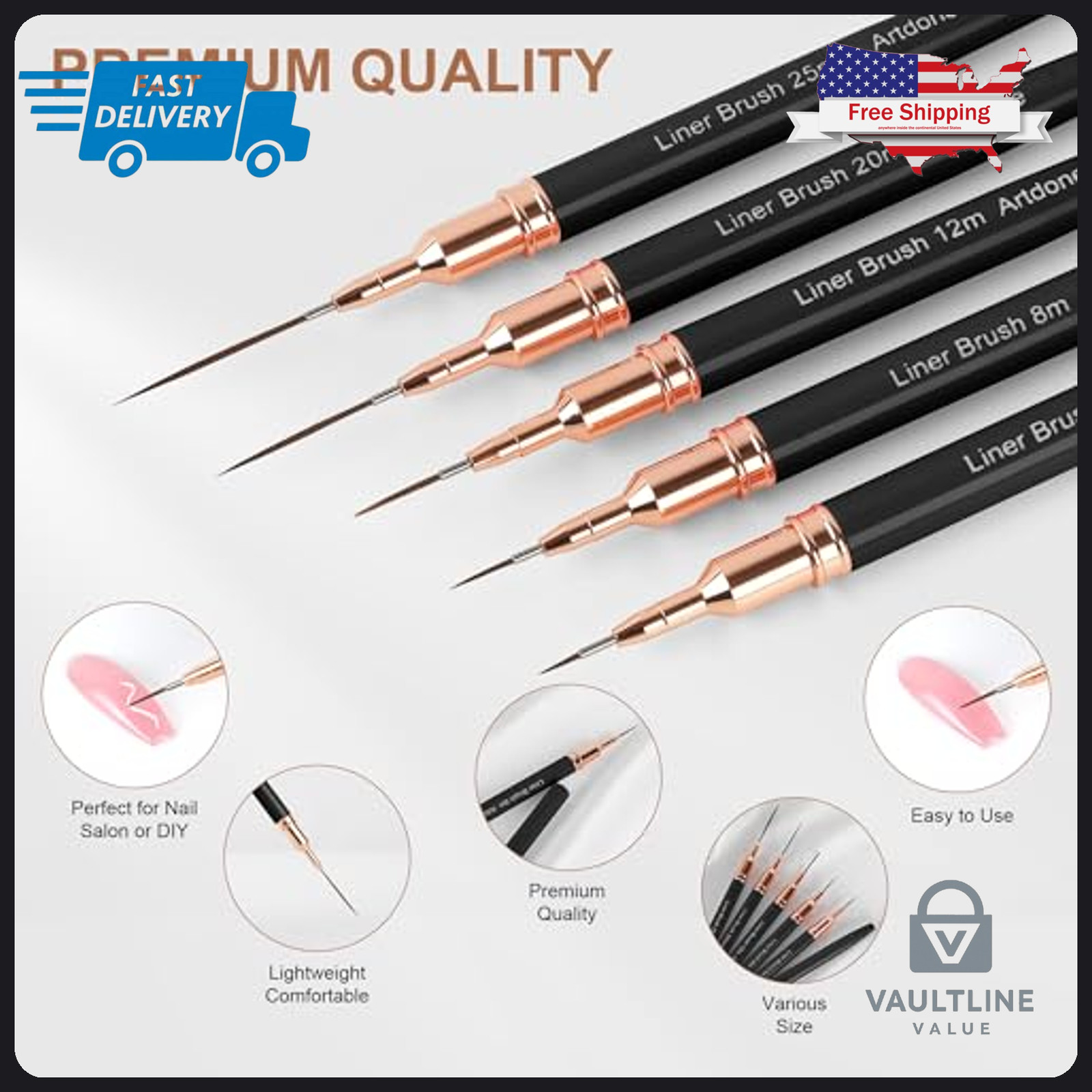 5 Piece Artdone Nail Liner Brush Set – Metal Handle Fine Detail Art Tools