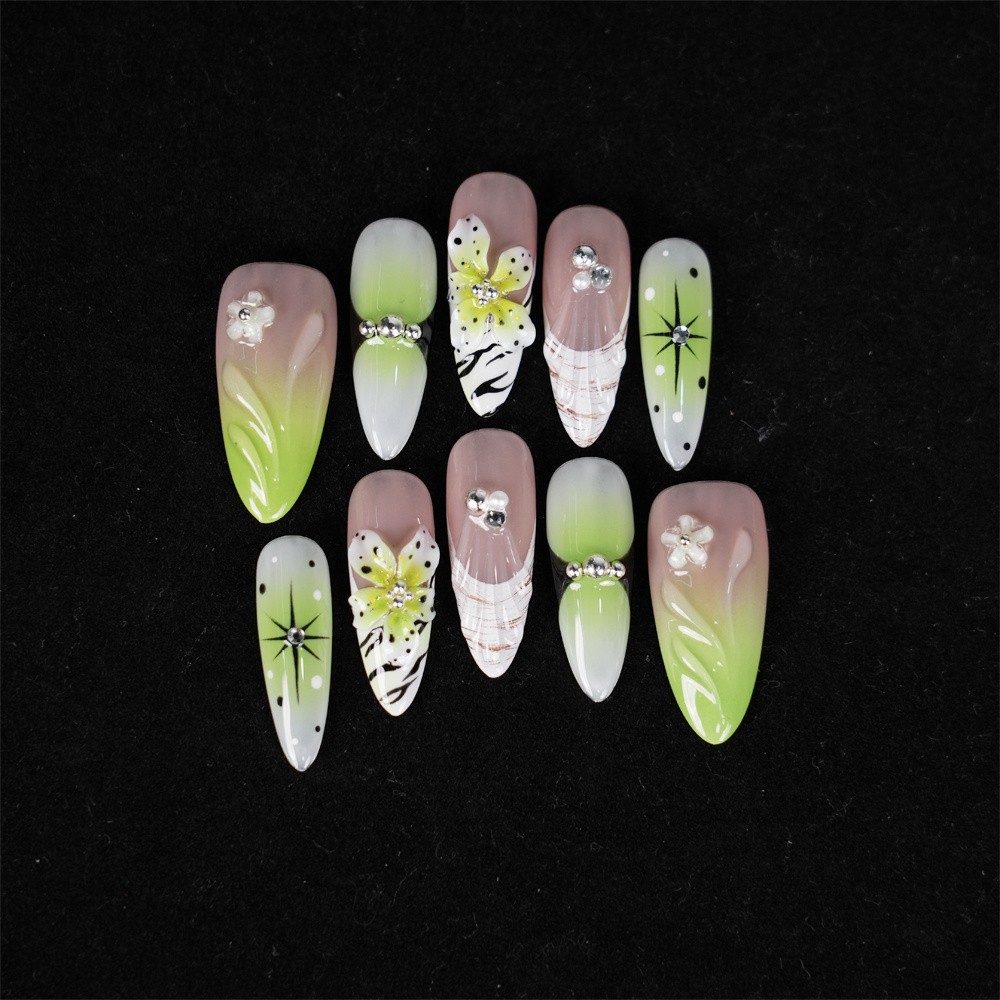 10p-Press on Nails 3D Flower Ombre Sparkle Stiletto Nail Set Reusable Handmade