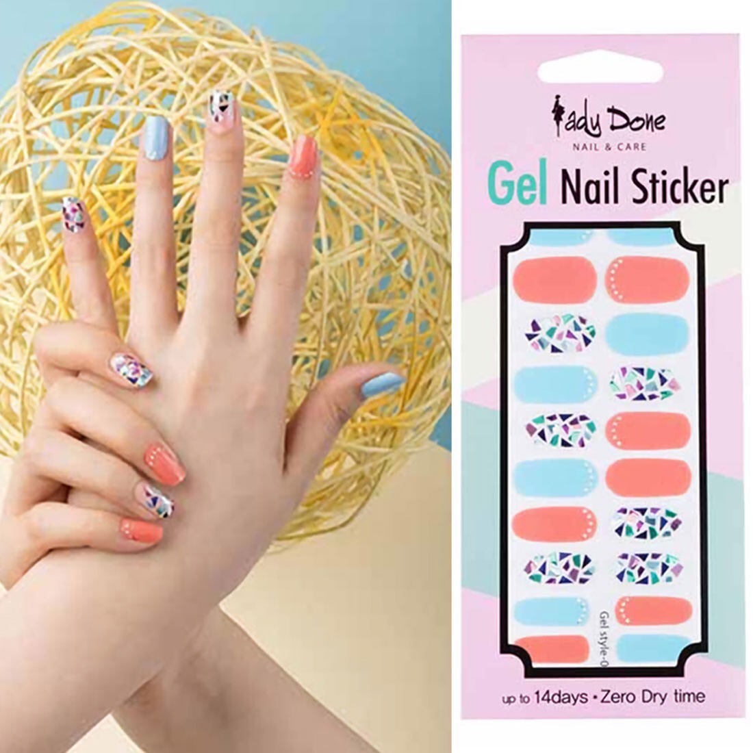 Pastel Orange Sky Blue Nail Strips Korean Mother-of-Pearl Hologram Design Polish