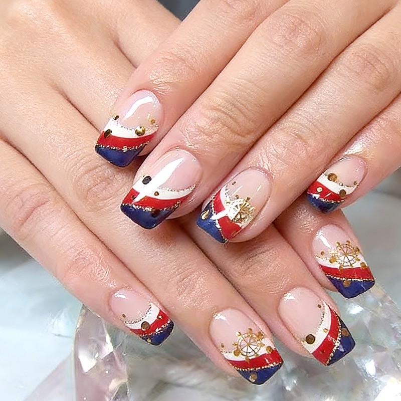 48pcs-Ocean-themed Nails, Press on Square with Red, White, Blue and Gold Accents